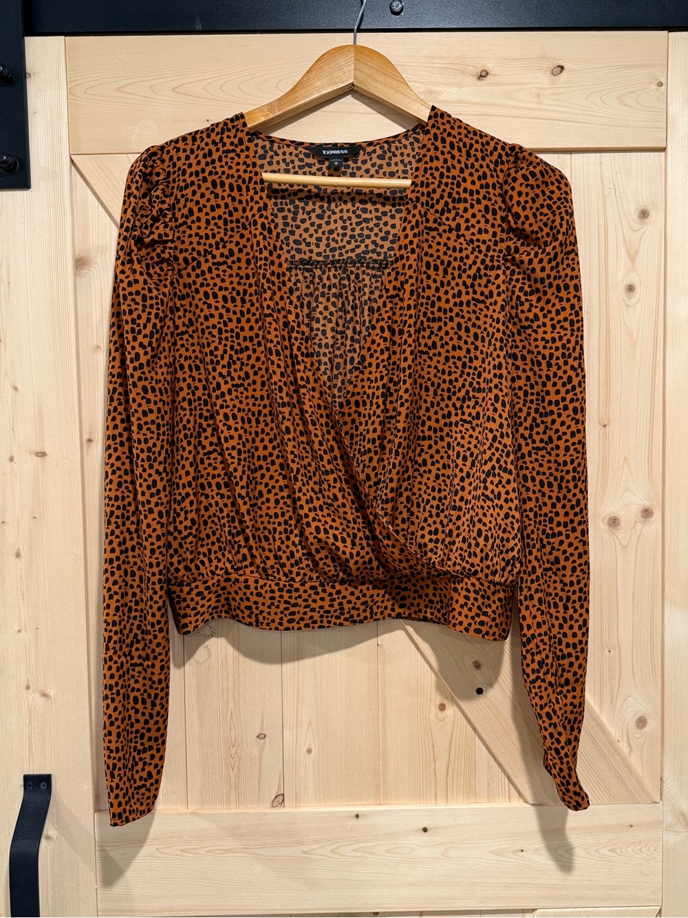 NWOT Express Rust Leopard Print Wrap-Front Long Sleeve Top, size medium